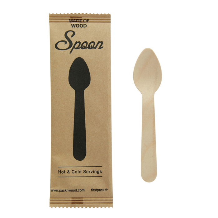 Cuchara de café de madera con funda de papel kraft A110mm - 50Uds
