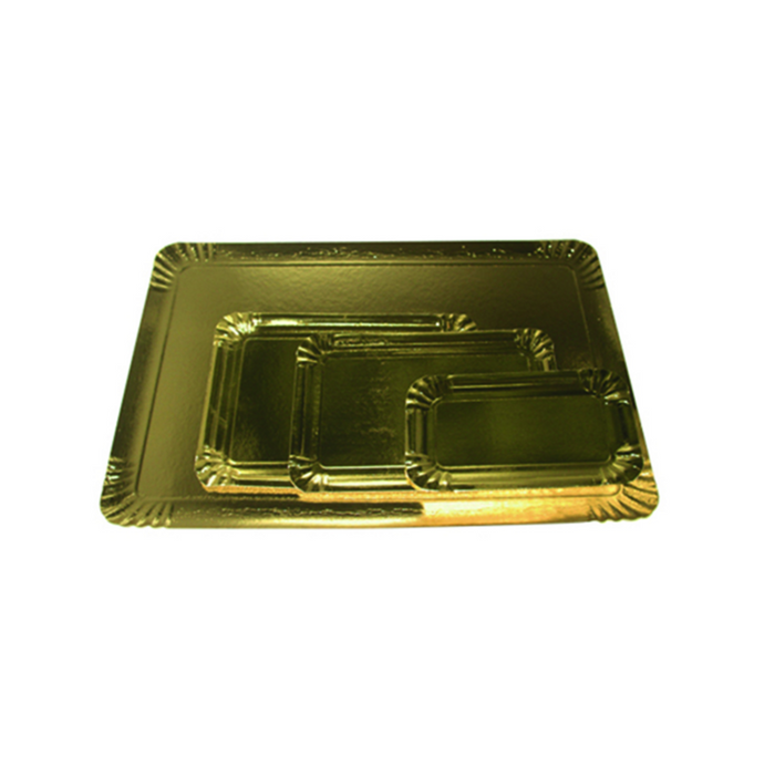 Vassoio in cartone bifacciale, parte superiore dorata e parte inferiore bianca 320x420mm