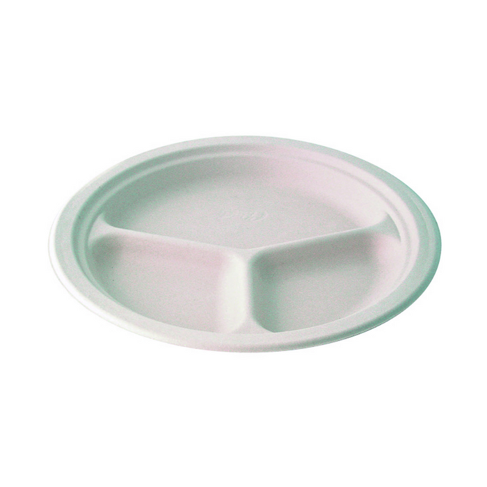 Plato redondo de caña de azúcar blanco con 3 compartimentos Ø262mm A26mm - 50Uds