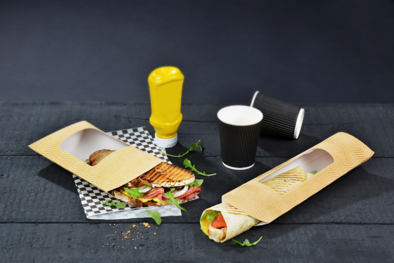 Custodia rettangolare per panino caldo in cartone rinforzato con finestra 240x100mm H58mm