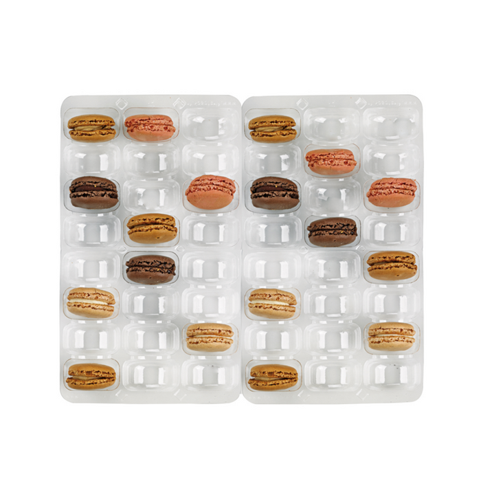 Inserto in PET trasparente per 48 macarons (6x8) con chiusura clip 355x250mm H23mm