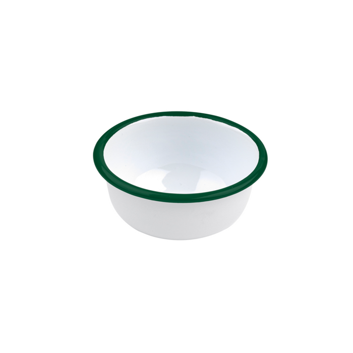 Cuenco de acero esmaltado blanco Enamely con borde verde y plano 300ml Ø115mm A50mm - 12Uds