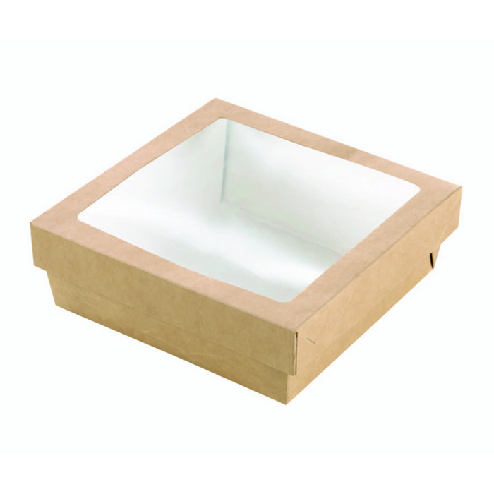 Scatola "Kray" in cartone kraft con coperchio a finestra in PLA 155x155mm H50mm 900ml