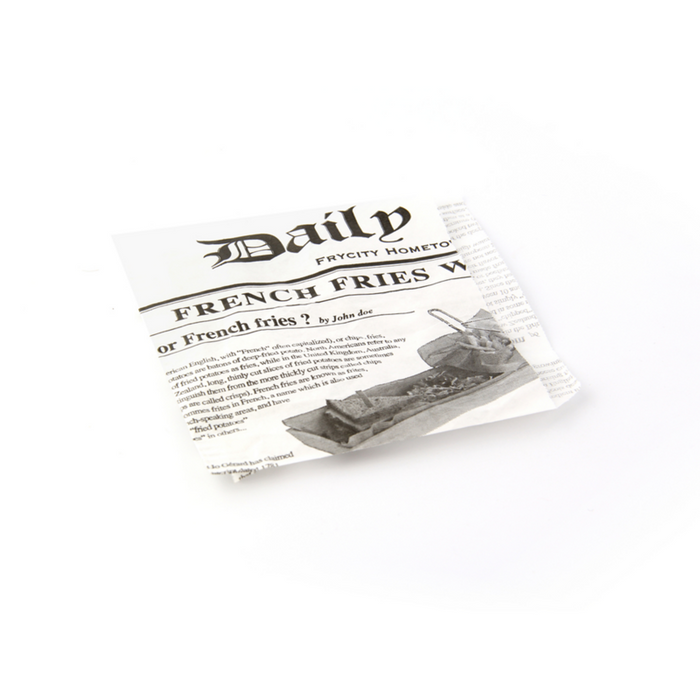 Bolsita de papel blanca antigrasa abierta por 2 lados diseño periódico 130x130mm - 1000Uds