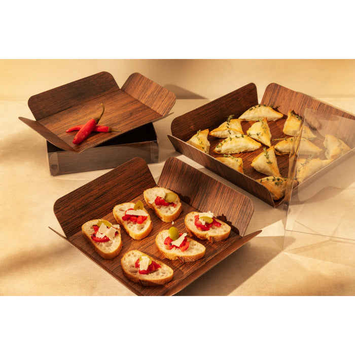 Cartone quadrato con decoro in legno su entrambi i lati+copertina in PET  254x254mm H63,5mm