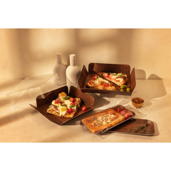 Cartone quadrato con decoro in legno su entrambi i lati+copertina in PET  254x254mm H63,5mm
