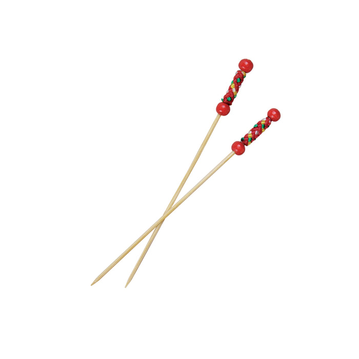 Stecchino Fuji in bambù con perline naturali e decorazione rossa (FOR50) - H 11,2 cm - 100 pezzi