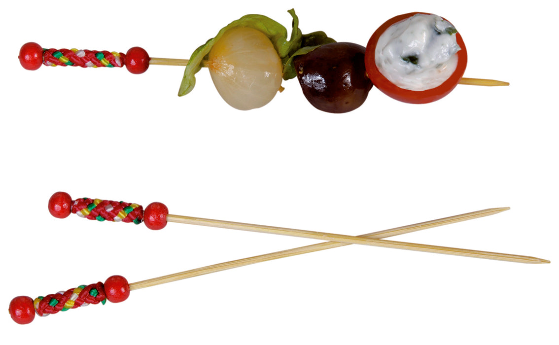 Stecchino Fuji in bambù con perline naturali e decorazione rossa (FOR50) - H 11,2 cm - 100 pezzi