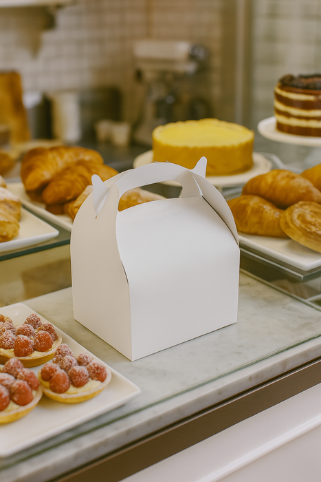 Scatola da pasticceria in cartone bianco con manici - 18 cm x 16 cm x 16,8 cm - 50 pezzi