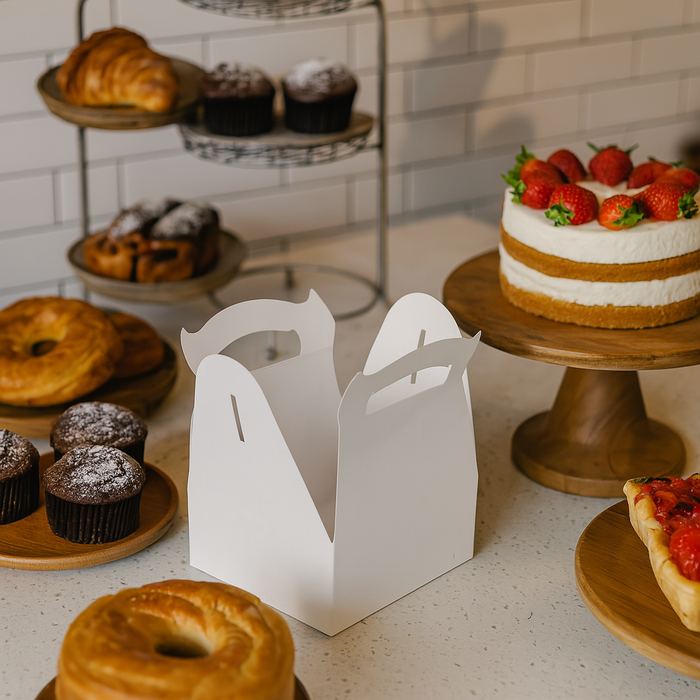 Scatola da pasticceria in cartone bianco con manici - 18 cm x 16 cm x 16,8 cm - 50 pezzi