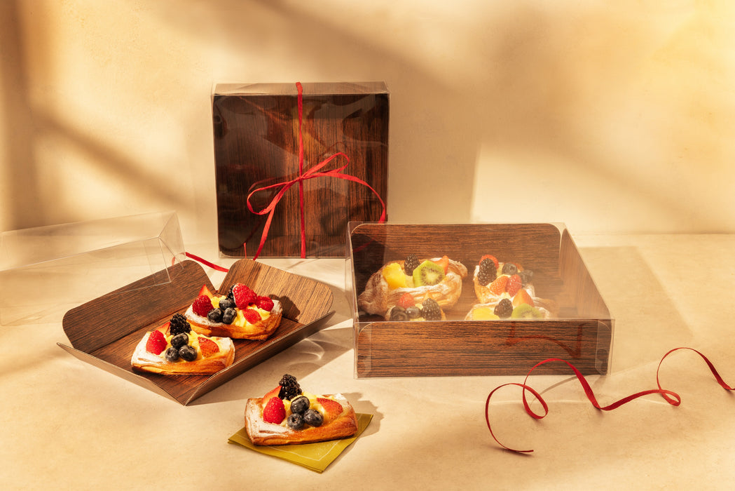 Cartone quadrato con decoro in legno su entrambi i lati+copertina in PET - 25,4 cm x 25,4 cm x 6,35 cm - 50 pezzi
