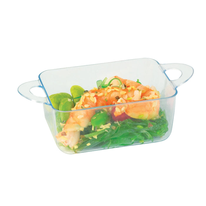 Contenitore fingerfood "Loukià" in PS verde con manici - 75 ml - 9,6 cm x 5 cm x 3,5 cm - 24 pezzi