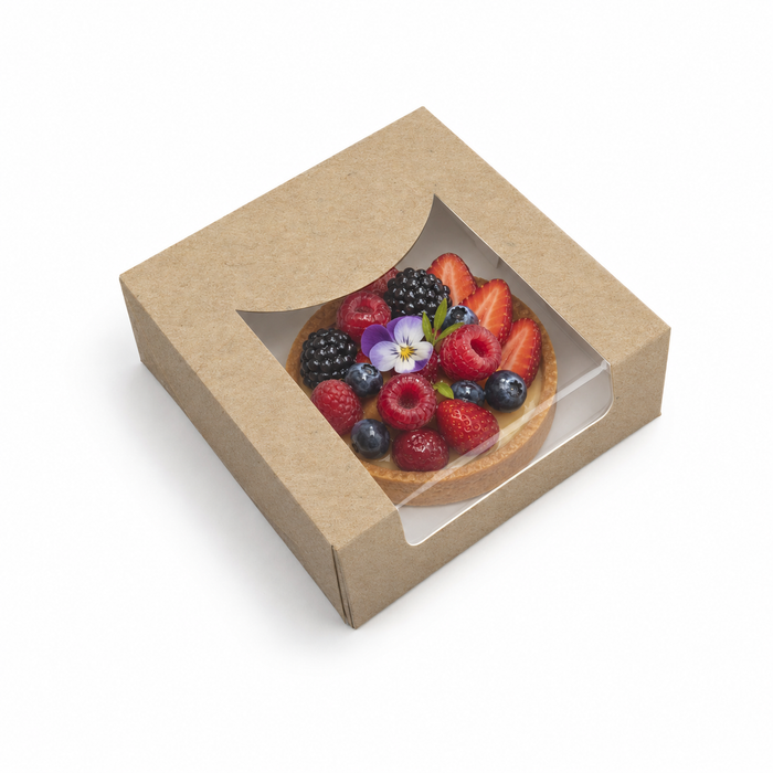 Scatola da pasticceria in cartone kraft con coperchio a finestra in PLA incorporato - 12,2 cm x 12,2 cm x 5 cm - 50 pezzi