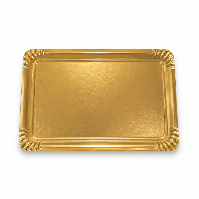 Vassoio in cartone bifacciale, parte superiore dorata e parte inferiore bianca - 19 cm x 28 cm - 25 pezzi