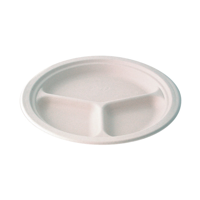 Piatto in polpa di canna da zucchero 3 scomparti - Ø 26,2 cm - H 2,6 cm - 50 pezzi