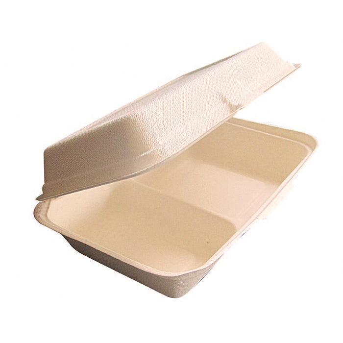 Conchiglia in polpa di canna da zucchero bianca a 2 scomparti - 1000 ml - 24,3 cm x 16 cm x 7,3 cm - 50 pezzi