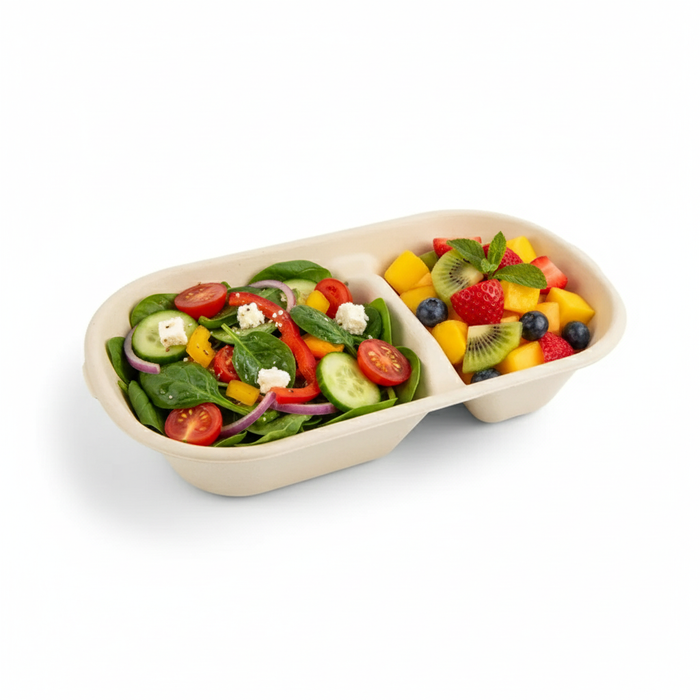 Vaschetta in polpa di canna da zucchero scura a 2 scomparti - 825 ml - 23,5 cm x 13 cm x 5 cm - 50 pezzi