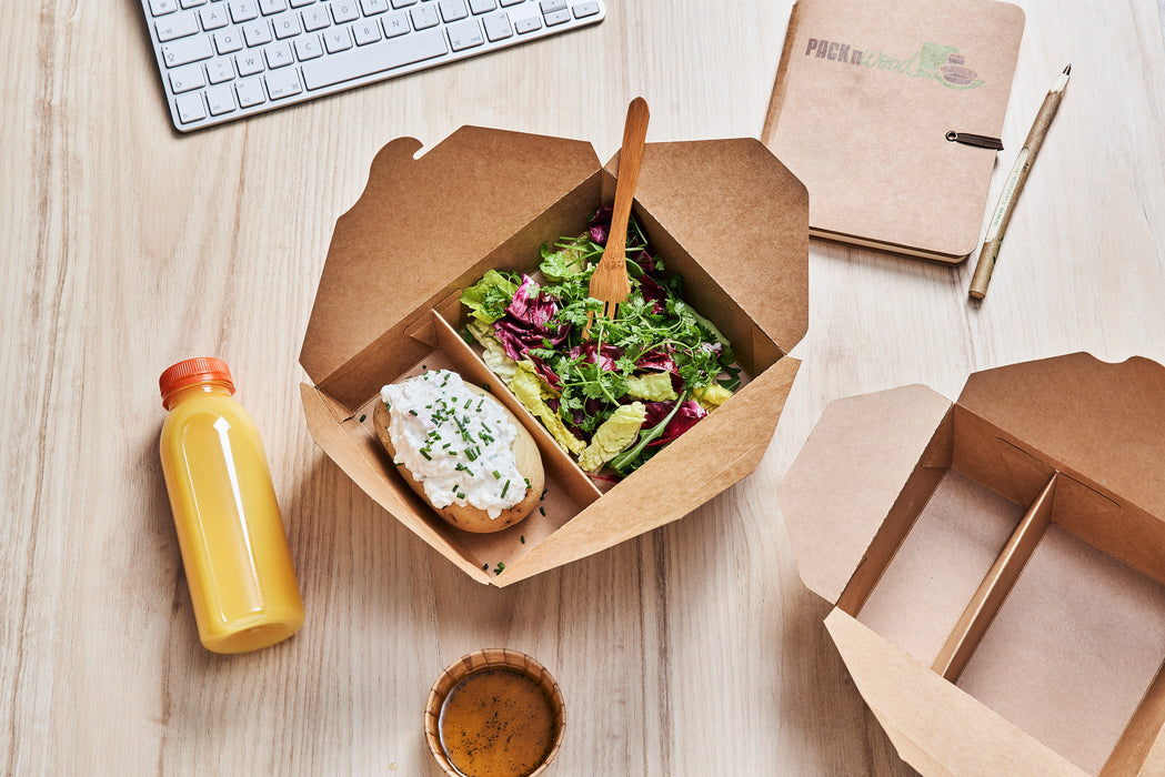 Lunchbox 2 scomparti in cartone kraft con chiusura a incastro - 1040 ml - 16,8 cm x 13,5 cm x 6,5 cm - 50 pezzi