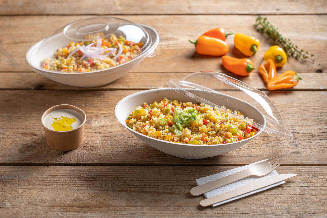 Ciotola "BioNchic" ovale in polpa di canna da zucchero - 750 ml - 22,5 cm x 13,5 cm x 5,5 cm - 125 pezzi