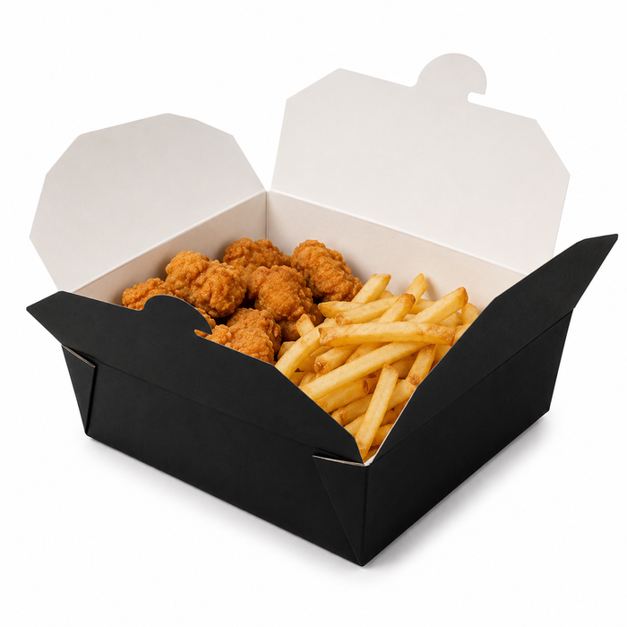 Lunchbox in cartone nero con chiusura a incastro - 1450 ml - 21,7 cm x 16 cm x 5 cm - 25 pezzi