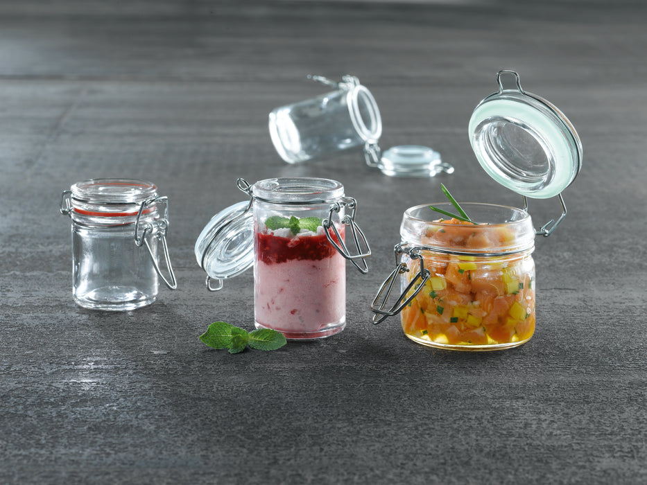 Mini barattolo in vetro con guarnizione verde - 100 ml - Ø 5,9 cm - H 7,15 cm - 12 pezzi