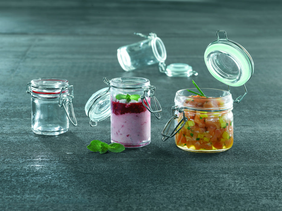 Mini barattolo in vetro con guarnizione verde - 100 ml - Ø 5,9 cm - H 7,15 cm - 12 pezzi