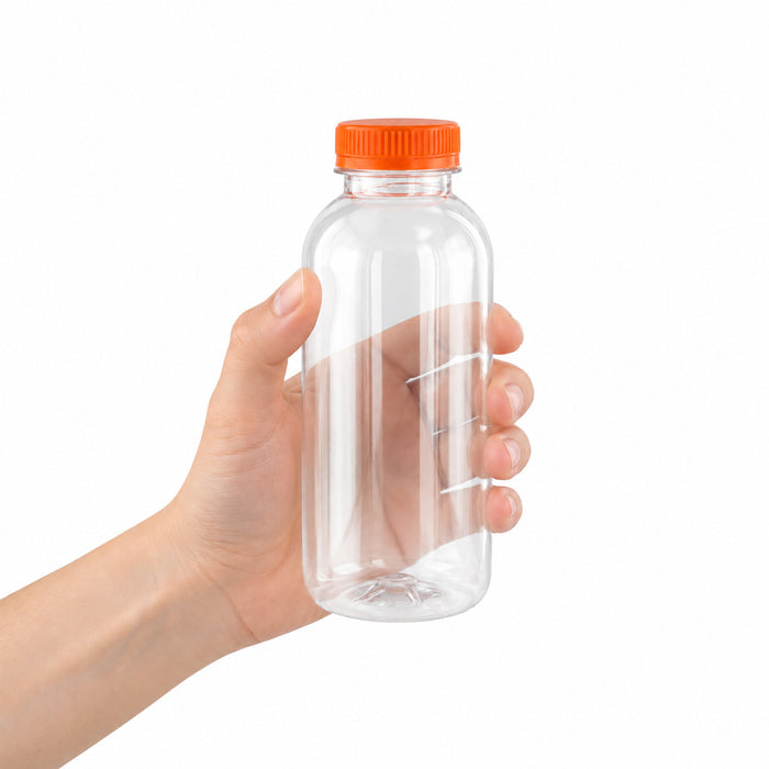bottiglia di plastica RPET trasparente con tappo arancione attaccato - 330 ml - H 16,1 cm - 220 pezzi