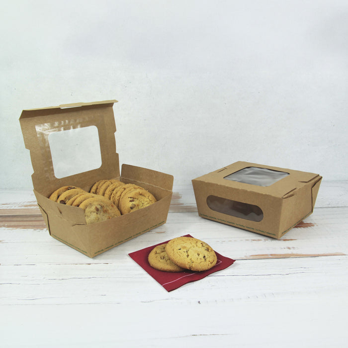 Scatola per insalata in cartone kraft con doppia finestra in PLA - 1100 ml - 15,2 cm x 13,5 cm x 6,5 cm - 50 pezzi