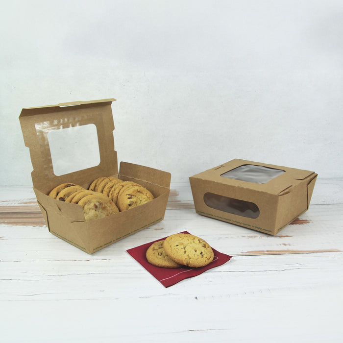 Scatola per insalata in cartone kraft con doppia finestra in PLA - 1100 ml - 15,2 cm x 13,5 cm x 6,5 cm - 50 pezzi