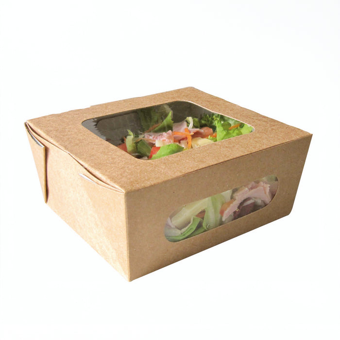 Scatola per insalata in cartone kraft con doppia finestra in PLA - 1100 ml - 15,2 cm x 13,5 cm x 6,5 cm - 50 pezzi