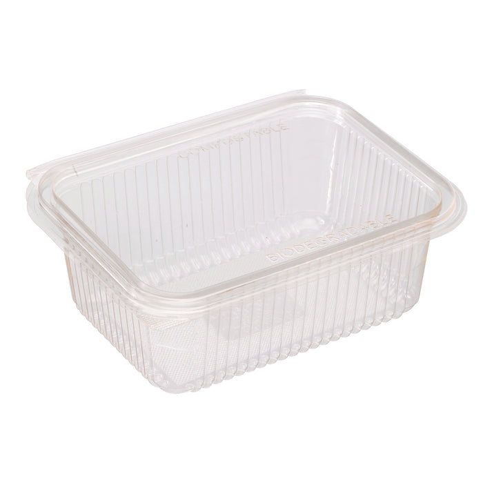 Vaschetta rettangolare in PLA trasparente con coperchio incorporato - 1000 ml - 18,8 cm x 14,3 cm x 6,7 cm - 50 pezzi