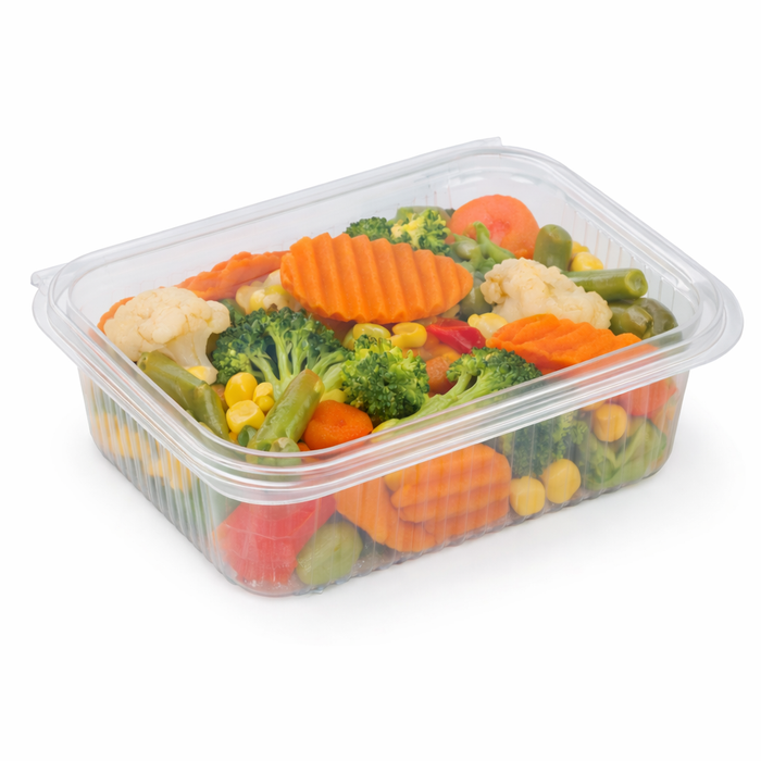 Vaschetta rettangolare in PLA trasparente con coperchio incorporato - 1000 ml - 18,8 cm x 14,3 cm x 6,7 cm - 50 pezzi