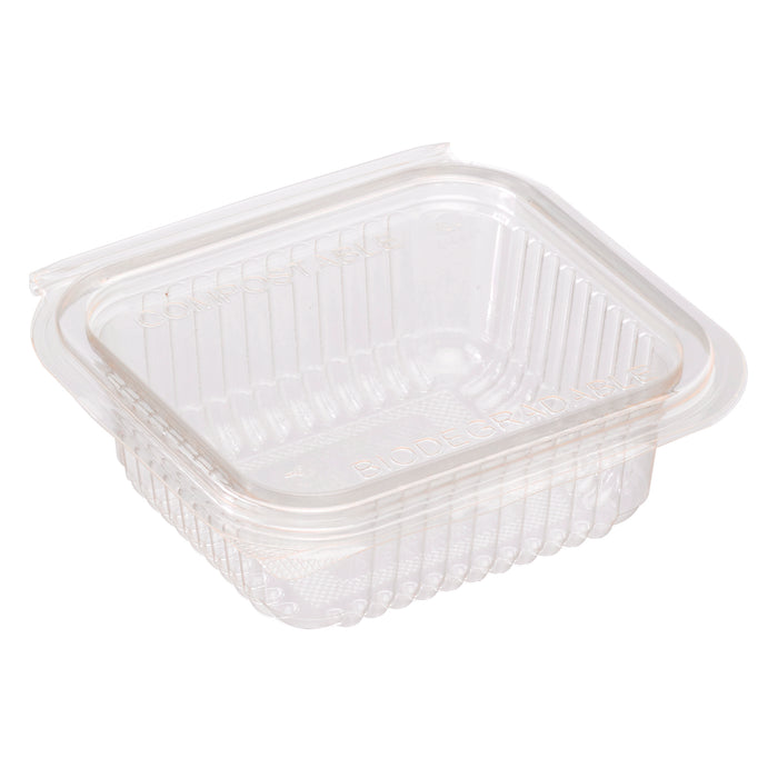 Vaschetta rettangolare in PLA trasparente con coperchio incorporato - 250 ml - 12,6 cm x 11,7 cm x 4,3 cm - 50 pezzi