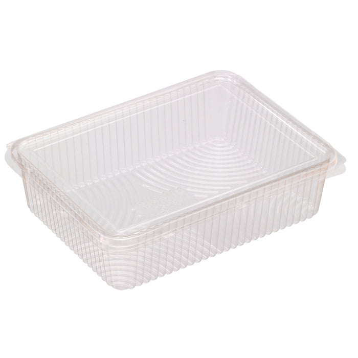 Vaschetta rettangolare piatta in PLA trasparente con coperchio incorporato - 1500 ml - 21,7 cm x 16,7 cm x 5,5 cm - 25 pezzi