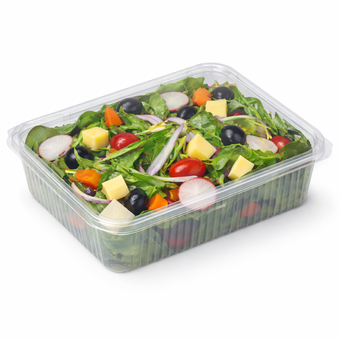 Vaschetta rettangolare piatta in PLA trasparente con coperchio incorporato - 1500 ml - 21,7 cm x 16,7 cm x 5,5 cm - 25 pezzi