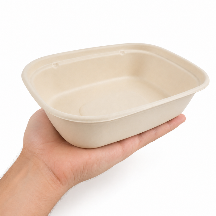 Vaschetta in polpa di canna da zucchero scura con lamina in PLA - 850 ml - 22 cm x 17 cm x 5,3 cm - 50 pezzi