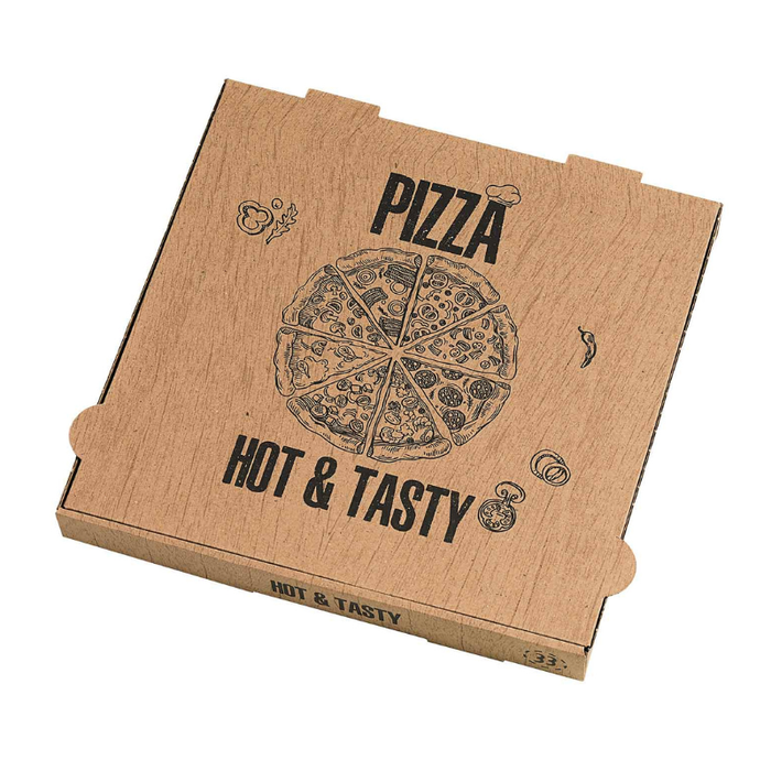 Scatola da pizza in cartone kraft con decorazione "Hot and Tasty" - 40 cm x 40 cm x 4 cm - 100 pezzi