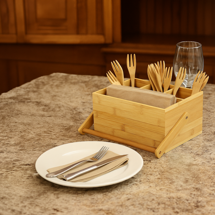 Porta posate in bamboo a 4 compartimenti - 22,6 cm x 14,8 cm x 10,7 cm - 1 pezzo