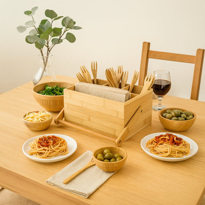 Porta posate in bamboo a 4 compartimenti - 22,6 cm x 14,8 cm x 10,7 cm - 1 pezzo