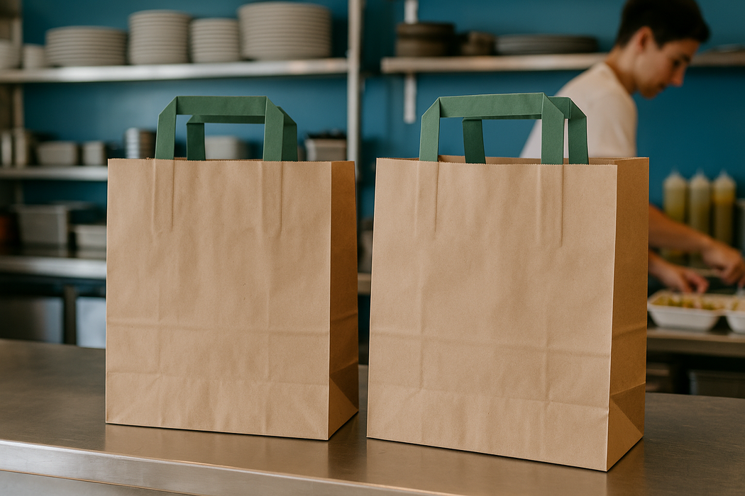 Shopper in carta kraft e manici verdi - 32 cm x 17 cm x 34 cm - 250 pezzi