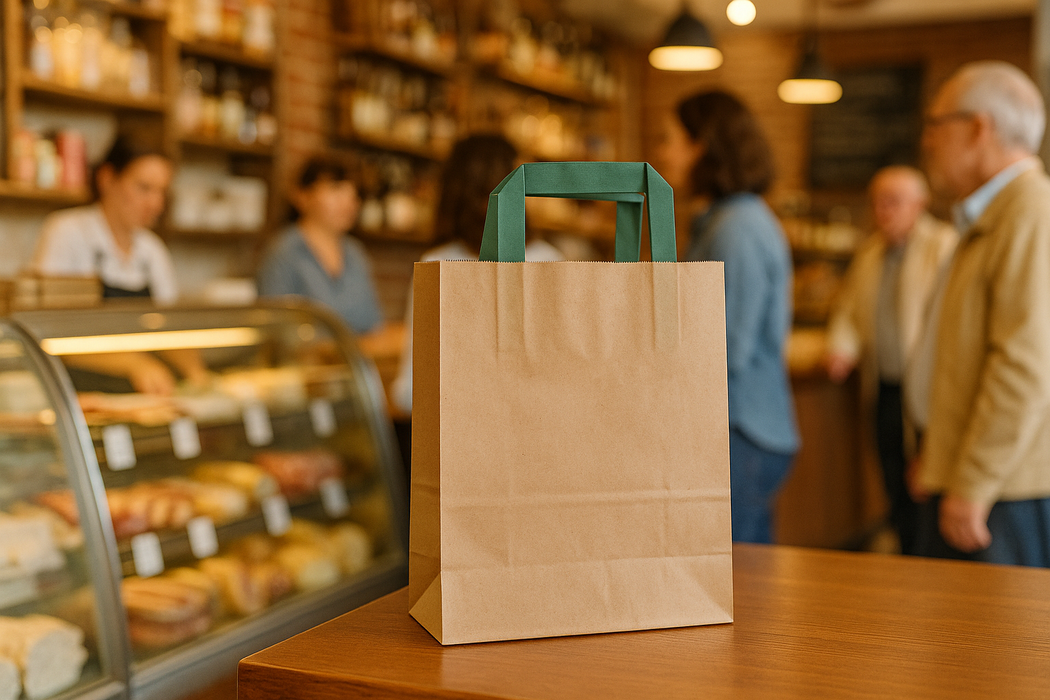 Shopper in carta kraft e manici verdi - 32 cm x 17 cm x 34 cm - 250 pezzi
