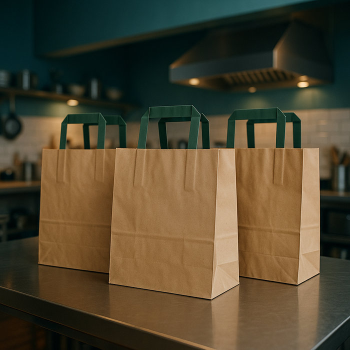 Shopper in carta kraft e manici verdi - 32 cm x 17 cm x 34 cm - 250 pezzi