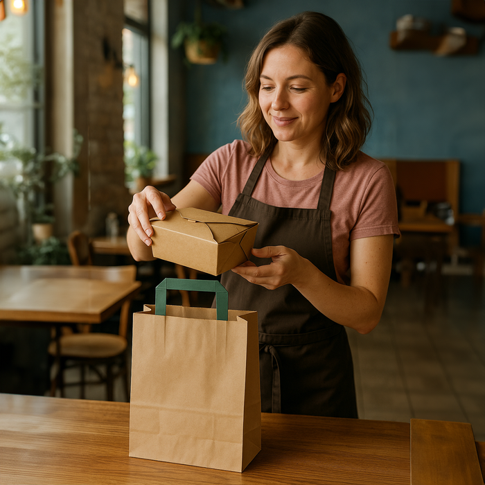 Shopper in carta kraft e manici verdi - 32 cm x 17 cm x 34 cm - 250 pezzi