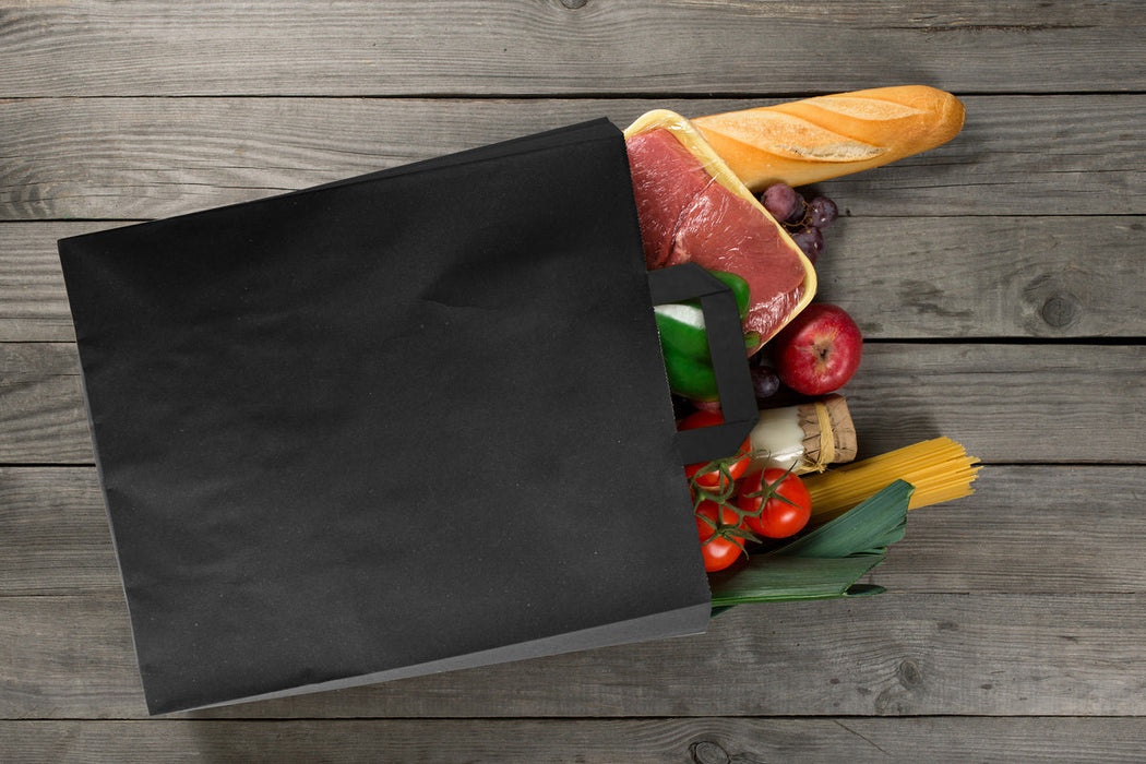 Borsa shopping in carta kraft riciclata scura, stampa nera 200x100mm H280mm