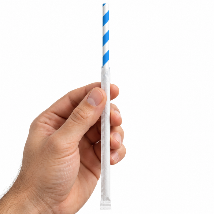 Cannuccia in carta blu e bianca, imbustata singolarmente - Ø 0,6 cm - H 19,7 cm - 500 pezzi
