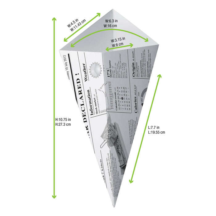 Cono in cartone laminato in PE antiunto, decorazione stampa di giornale - 430 ml - 19,5 cm x 16 cm - 125 pezzi