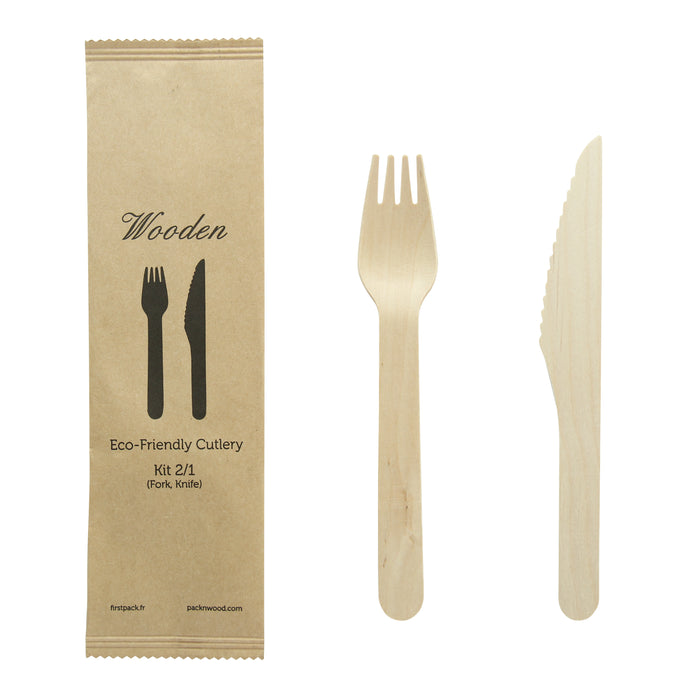 Kit posate in legno 2/1: coltello forchetta, involucro kraft - H 16,5 cm - 50 pezzi
