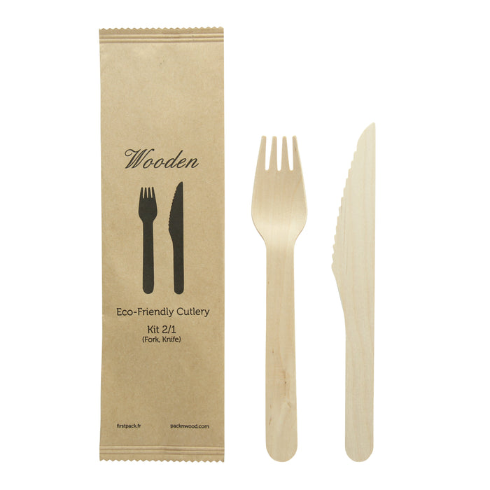 Kit posate in legno 2/1: coltello forchetta, involucro kraft - H 16,5 cm - 50 pezzi