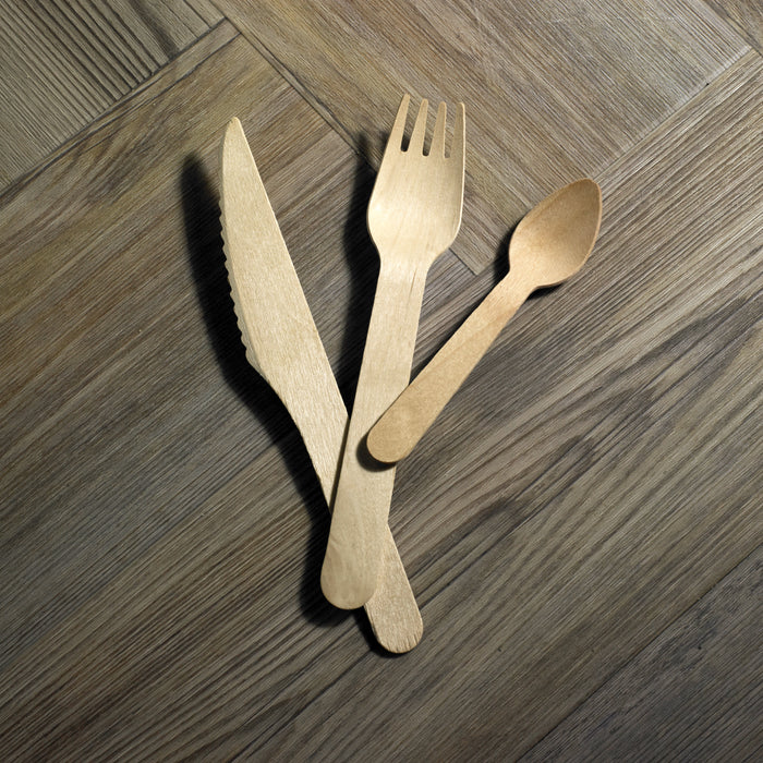 Kit posate in legno 3/1: coltello forchetta cucchiaio, involucro kraft - H 16,5 cm - 50 pezzi