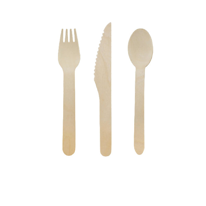 Kit posate in legno 3/1: coltello forchetta cucchiaio, involucro kraft - H 16,5 cm - 50 pezzi